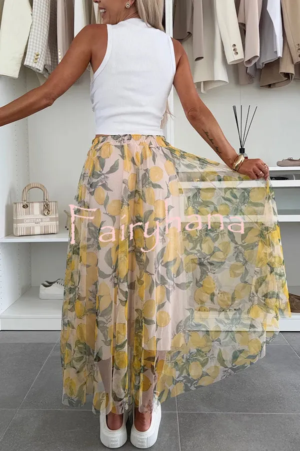 Summer Lemon Print Elastic Waist Tulle Holiday Midi Skirt