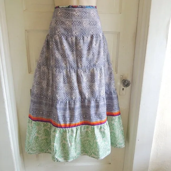 Sundance Blue &amp; Green Tiered Peasant Batik Print Maxi Skirt 14