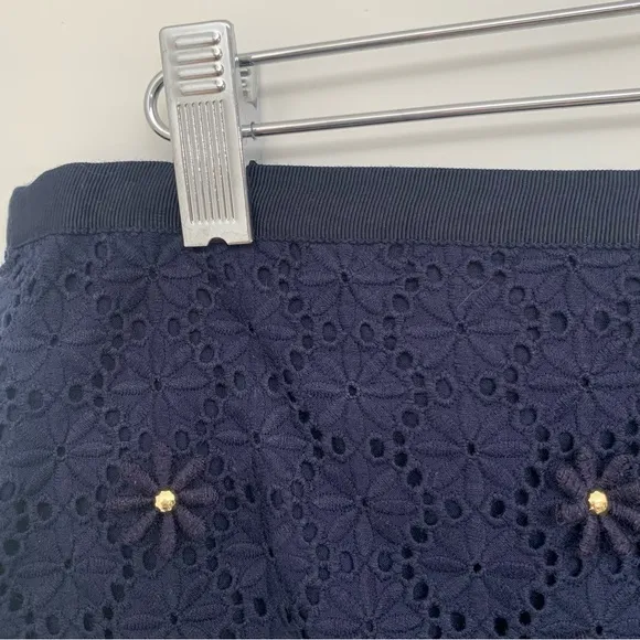 Talbots Floral Embroidered Lace Cotton Pencil Skirt Sz 4 Navy Grosgrain Ribbon