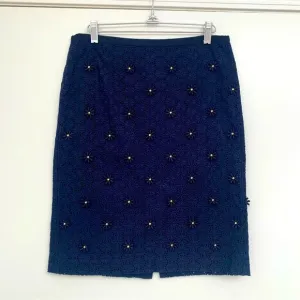 Talbots Floral Embroidered Lace Cotton Pencil Skirt Sz 4 Navy Grosgrain Ribbon