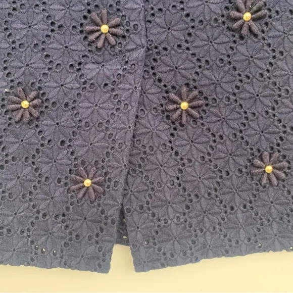 Talbots Floral Embroidered Lace Cotton Pencil Skirt Sz 4 Navy Grosgrain Ribbon