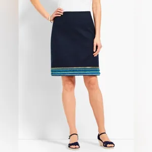 TALBOTS Tweed Knit Embroidered Sequin Fringe Pencil Skirt Navy Blue Size 10