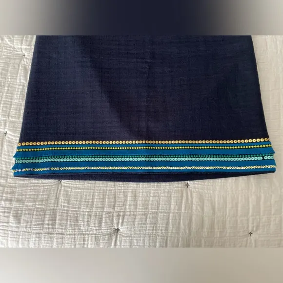 TALBOTS Tweed Knit Embroidered Sequin Fringe Pencil Skirt Navy Blue Size 10