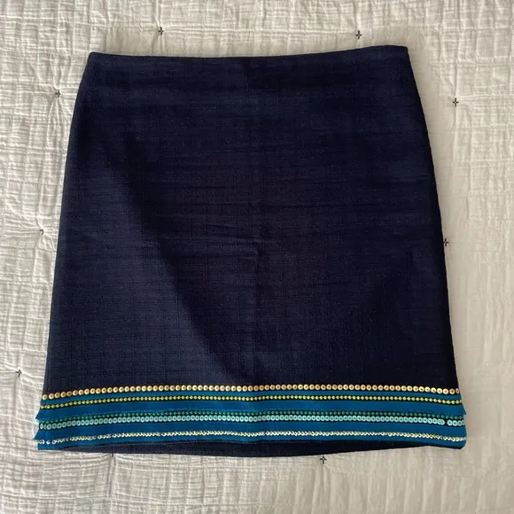 TALBOTS Tweed Knit Embroidered Sequin Fringe Pencil Skirt Navy Blue Size 10