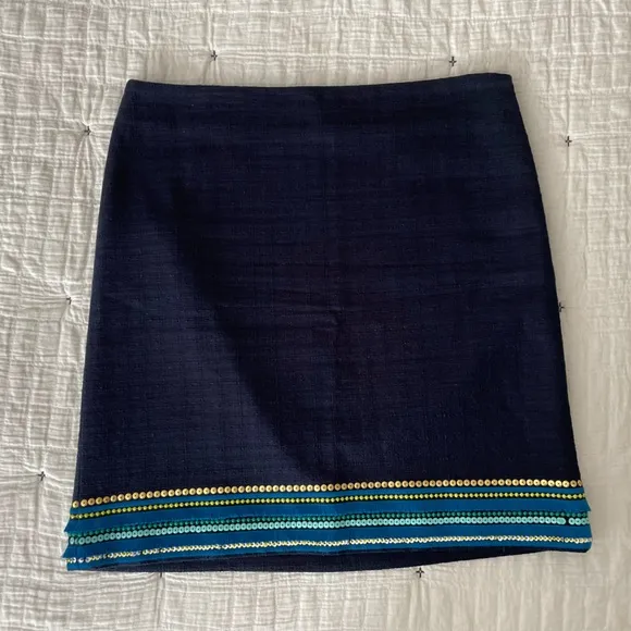 TALBOTS Tweed Knit Embroidered Sequin Fringe Pencil Skirt Navy Blue Size 10