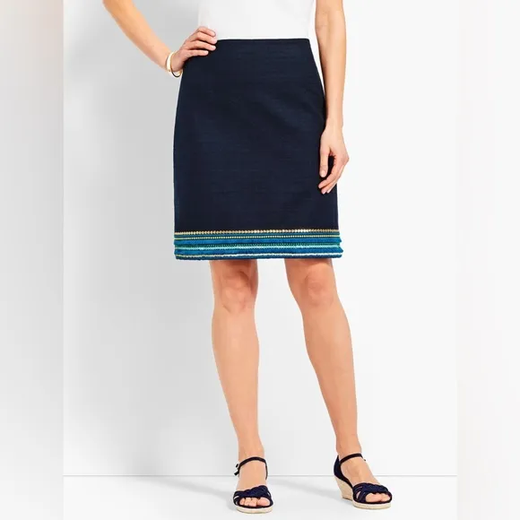 TALBOTS Tweed Knit Embroidered Sequin Fringe Pencil Skirt Navy Blue Size 10