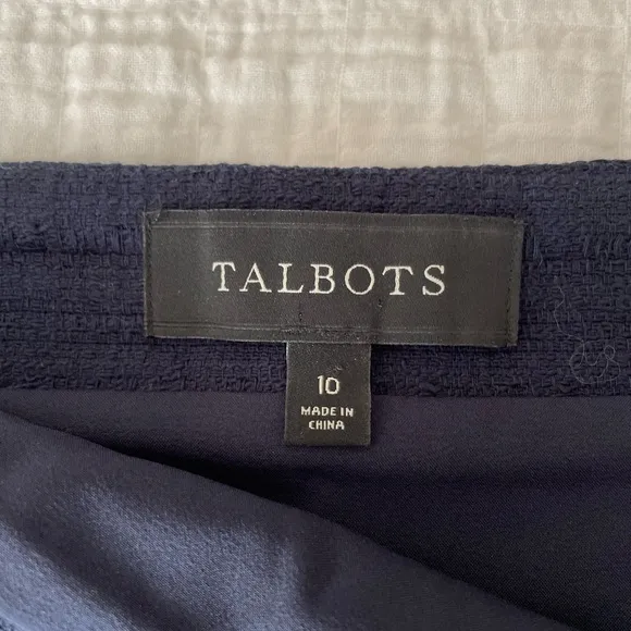 TALBOTS Tweed Knit Embroidered Sequin Fringe Pencil Skirt Navy Blue Size 10