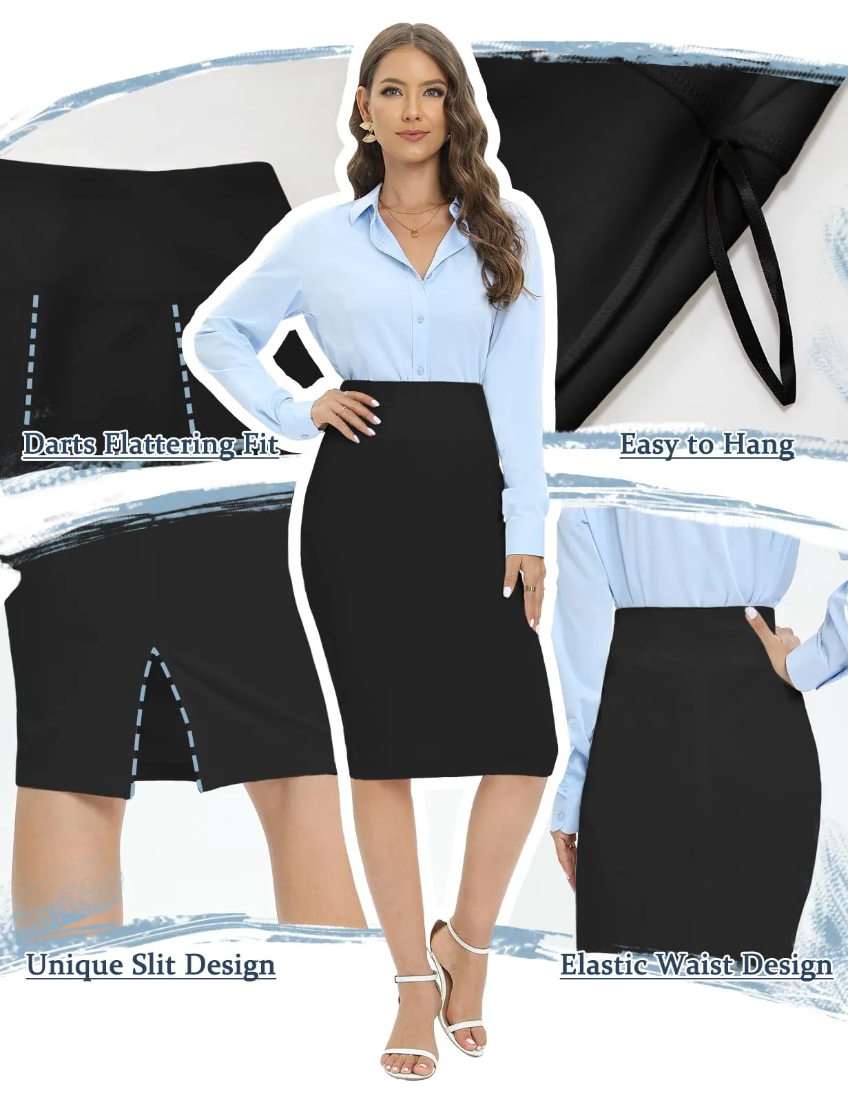 Tapata Women's Office Work Pencil Skirt Stretch High Waist Below Knee Bodycon for Business Casual, Black, Medium
