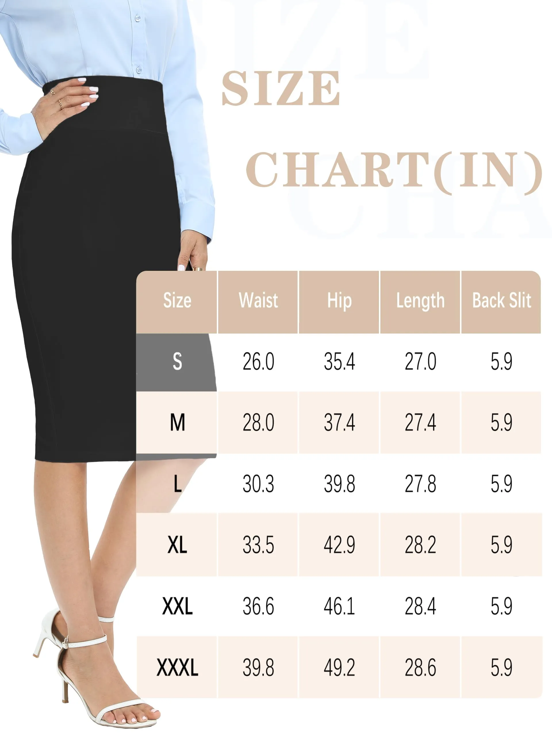 Tapata Women's Office Work Pencil Skirt Stretch High Waist Below Knee Bodycon for Business Casual, Black, Medium