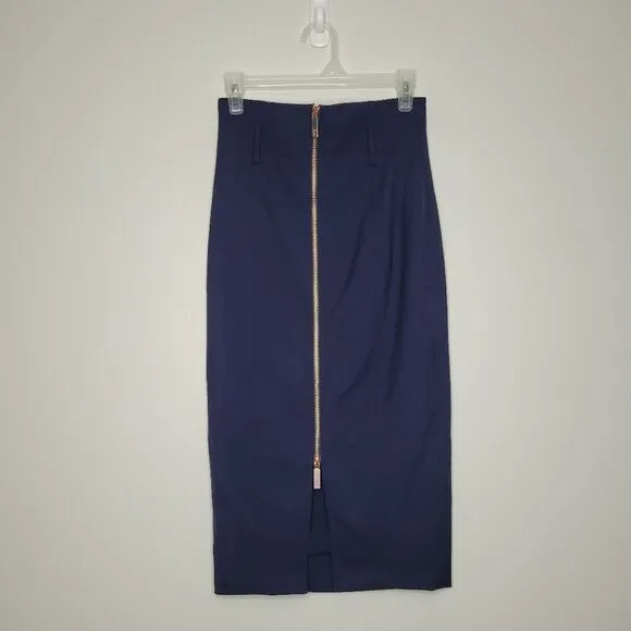 Ted Baker London Navy blue Kaara Pencil Skirt Rose Gold Front Zipper size 1, 2-4