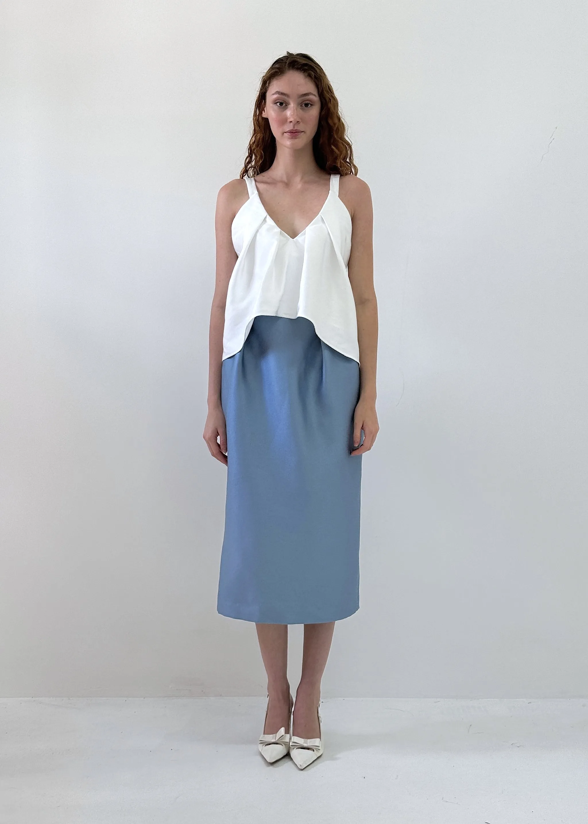 The Tulip Midi Skirt in Dusty Blue