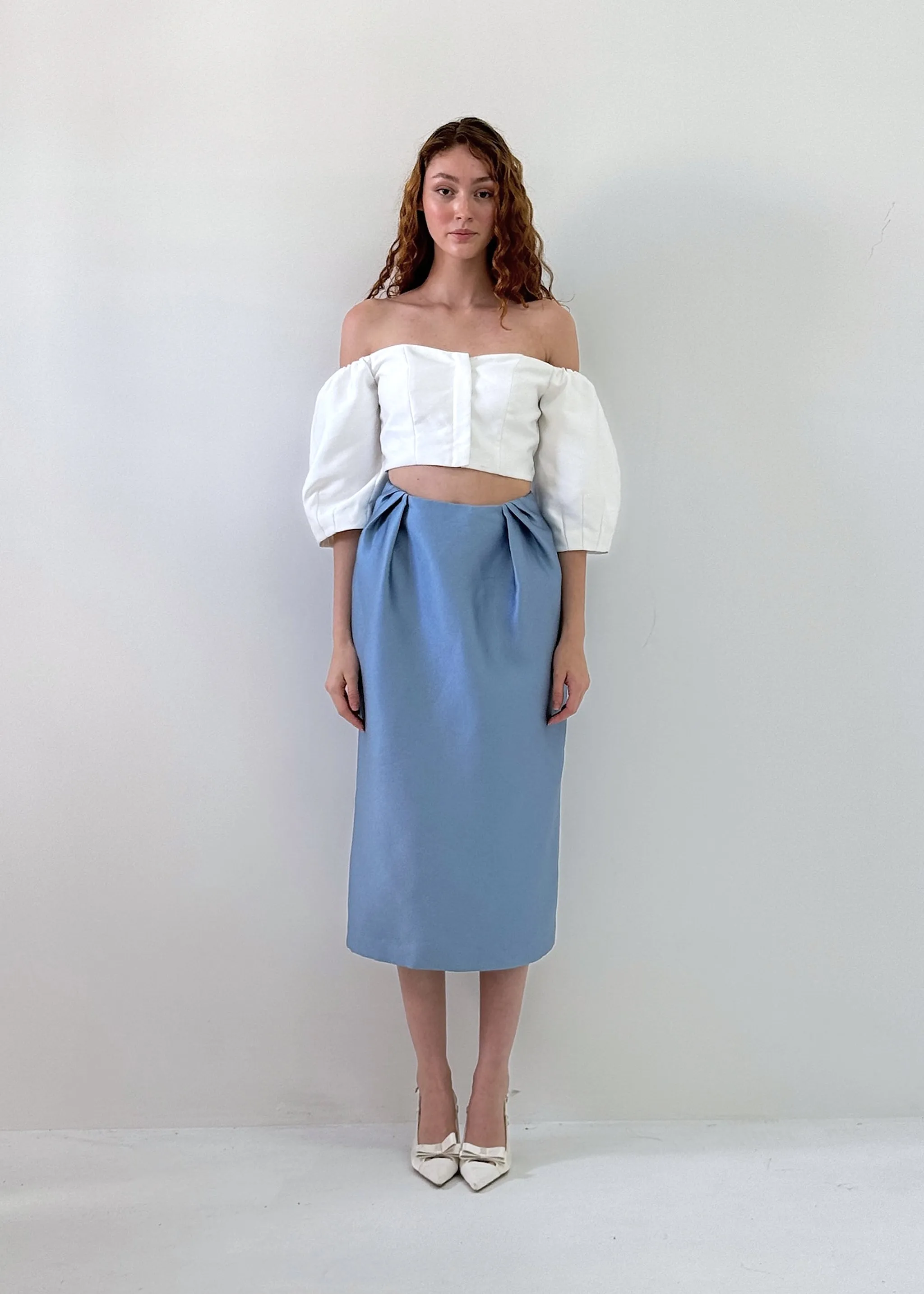 The Tulip Midi Skirt in Dusty Blue