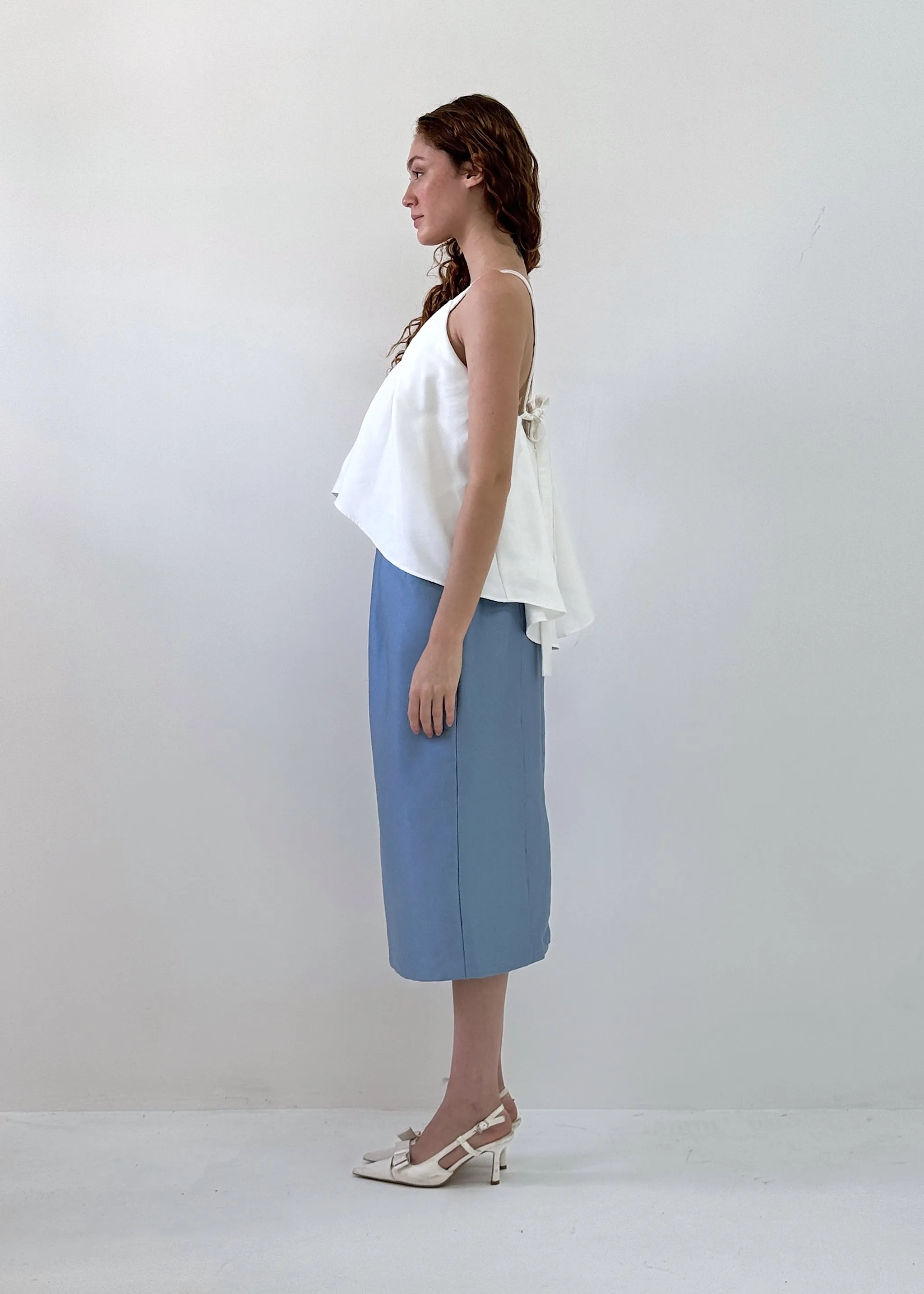 The Tulip Midi Skirt in Dusty Blue