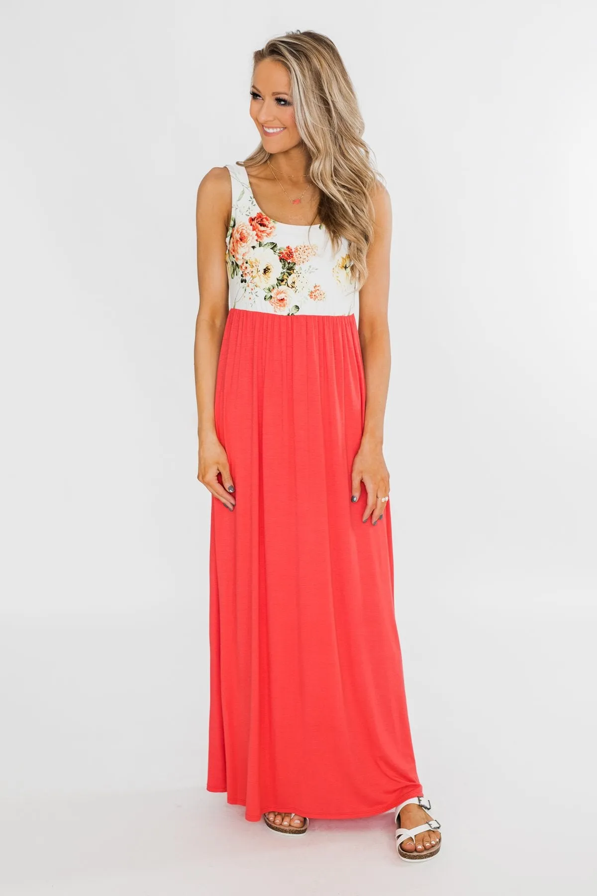 There She Goes Again Floral Maxi Dress- Vibrant Coral