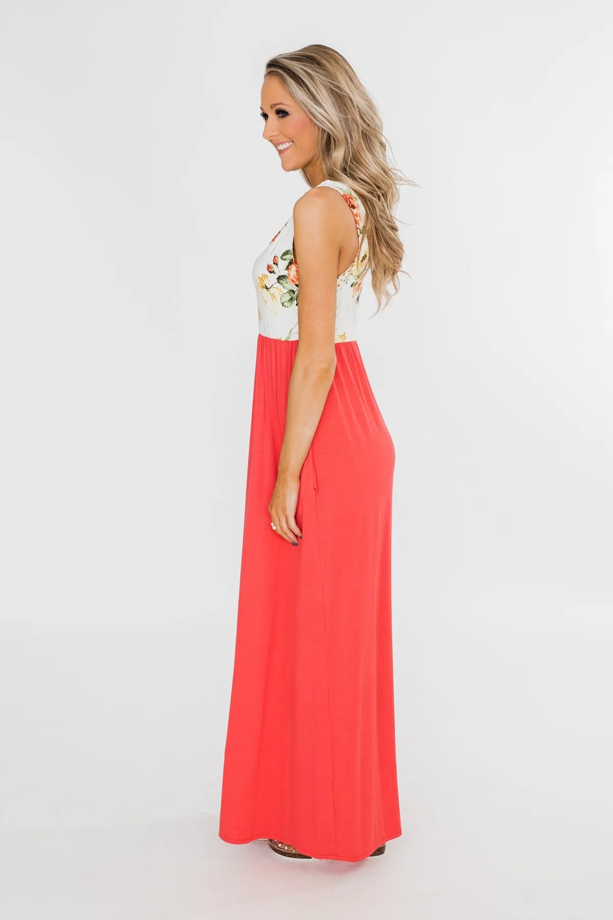 There She Goes Again Floral Maxi Dress- Vibrant Coral