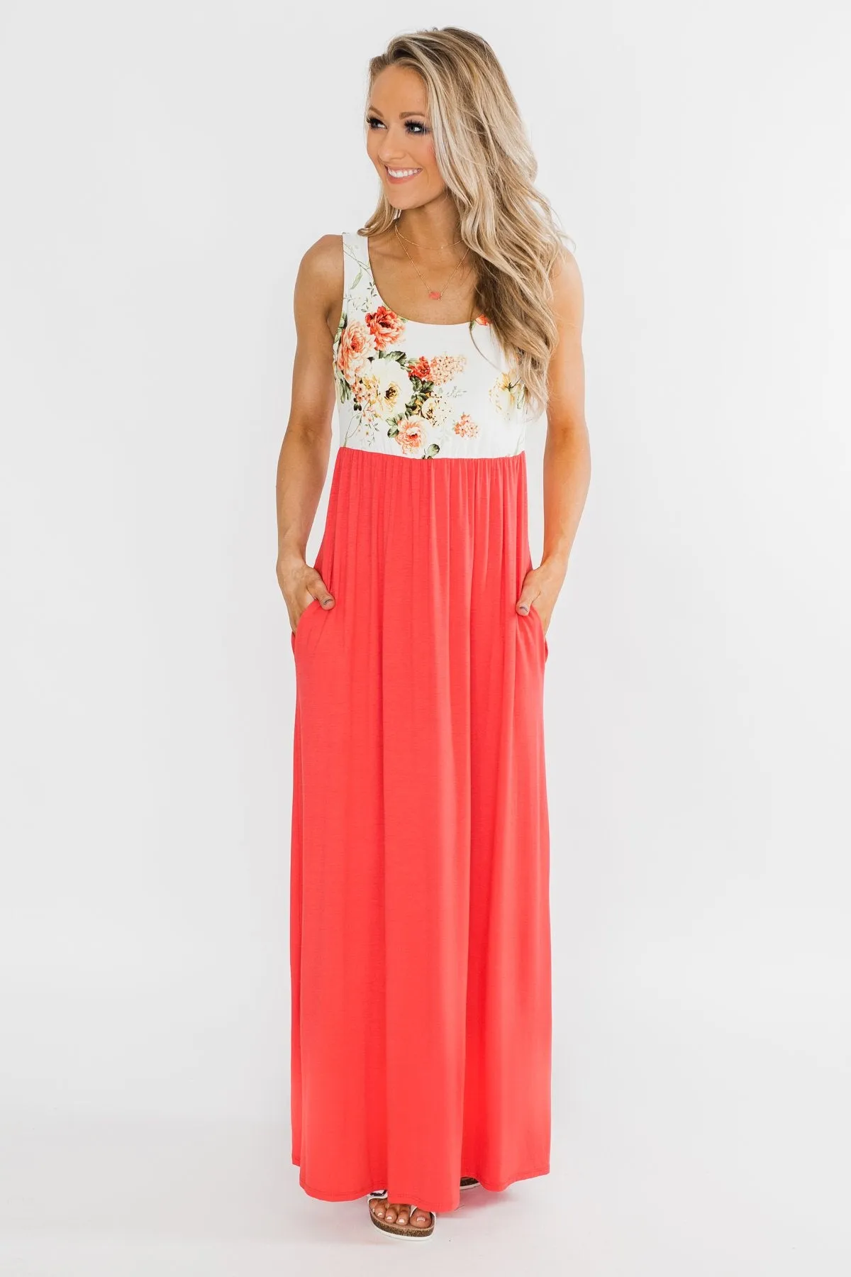 There She Goes Again Floral Maxi Dress- Vibrant Coral