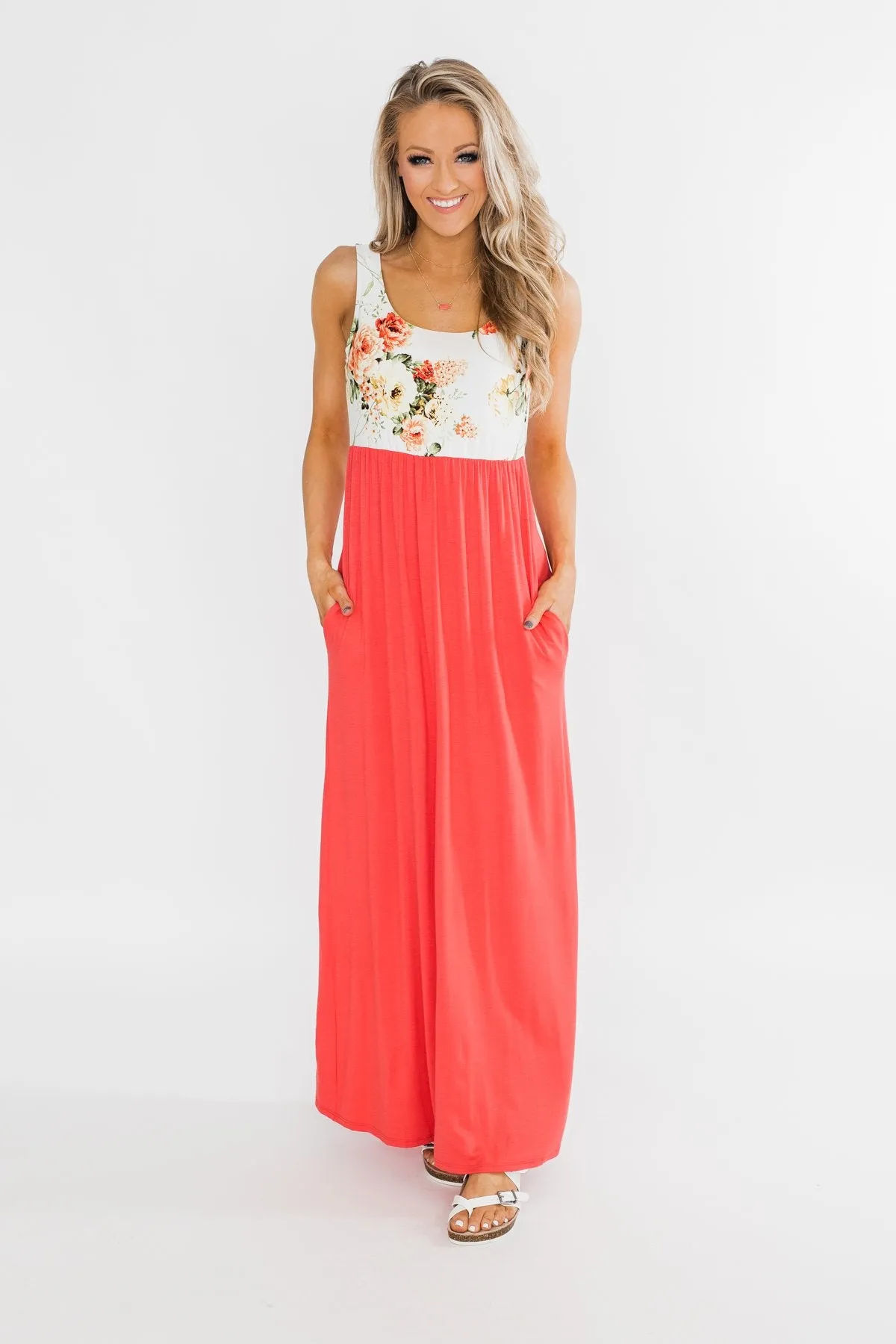 There She Goes Again Floral Maxi Dress- Vibrant Coral