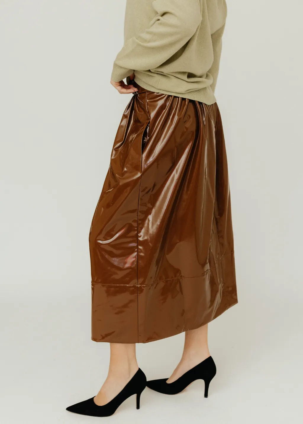 Tibi Light Weight Stretch Patent Smocking Waistband Full Skirt in Brick