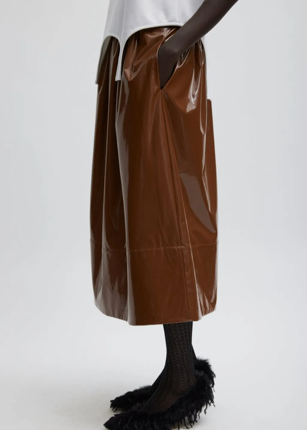 Tibi Light Weight Stretch Patent Smocking Waistband Full Skirt in Brick