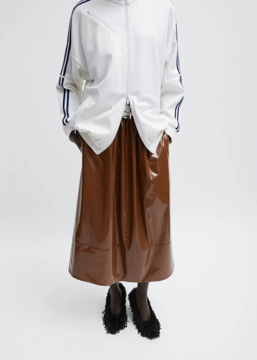 Tibi Light Weight Stretch Patent Smocking Waistband Full Skirt in Brick