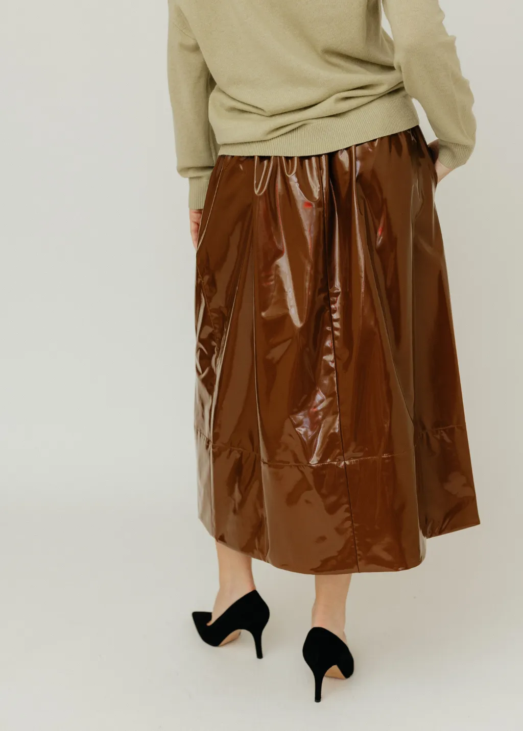Tibi Light Weight Stretch Patent Smocking Waistband Full Skirt in Brick