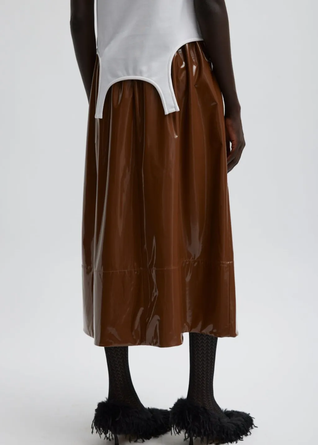 Tibi Light Weight Stretch Patent Smocking Waistband Full Skirt in Brick