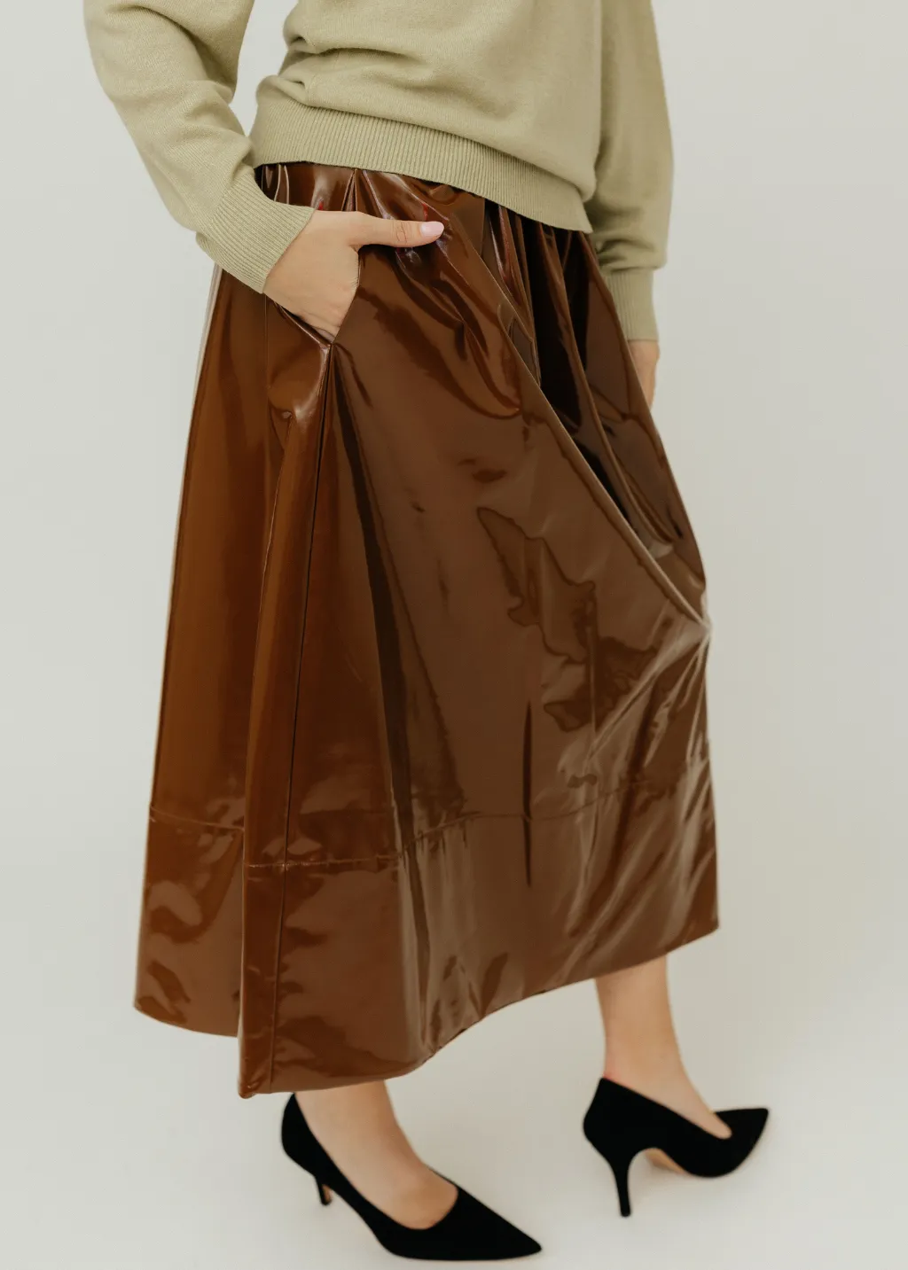 Tibi Light Weight Stretch Patent Smocking Waistband Full Skirt in Brick