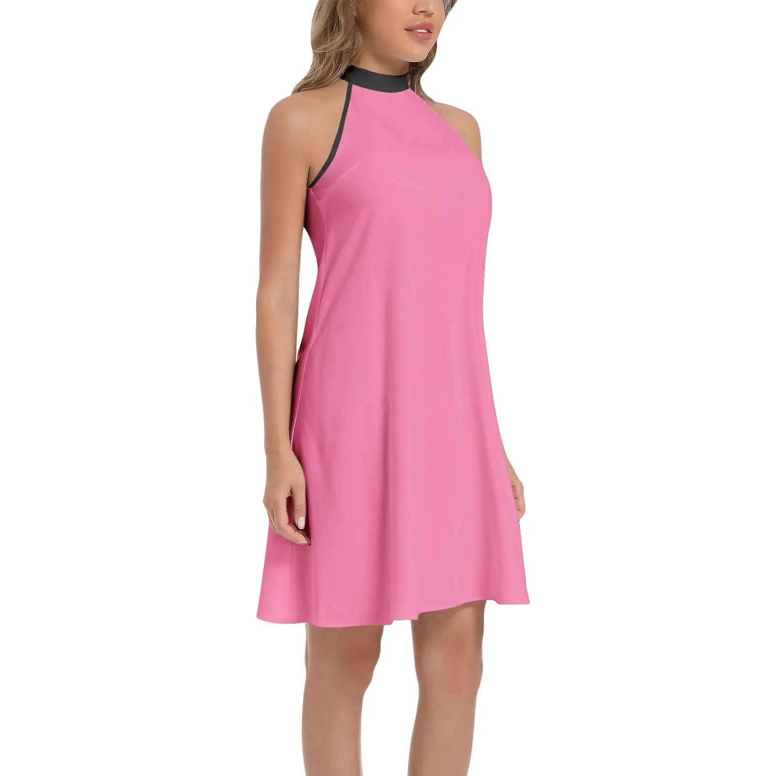 Tie Back Halter Neck Flared Dress - Pink