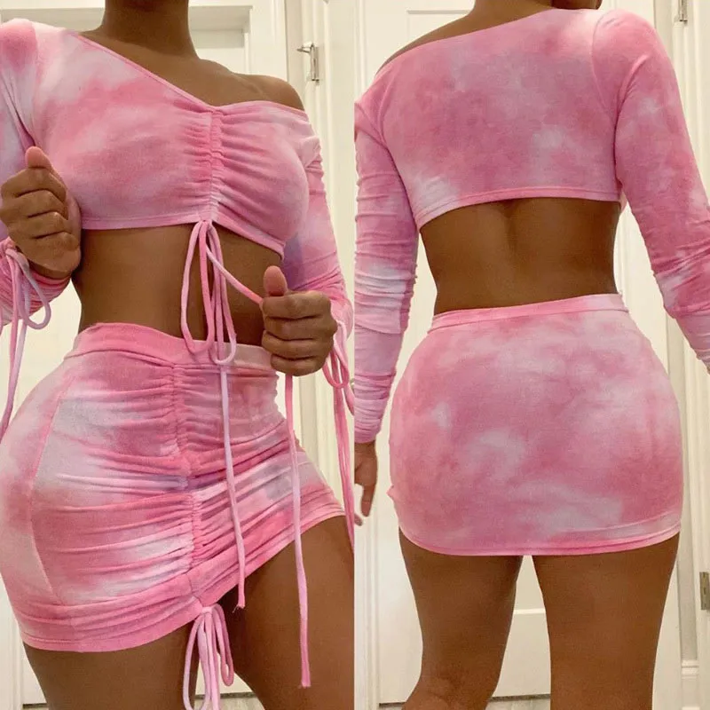 Tie Dye Print Off Shoulder Long Sleeve Skirts Set