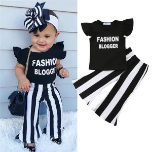 Toddler Girls Ruffle letter print pullover Shirt and striped Trousers 2pcs set