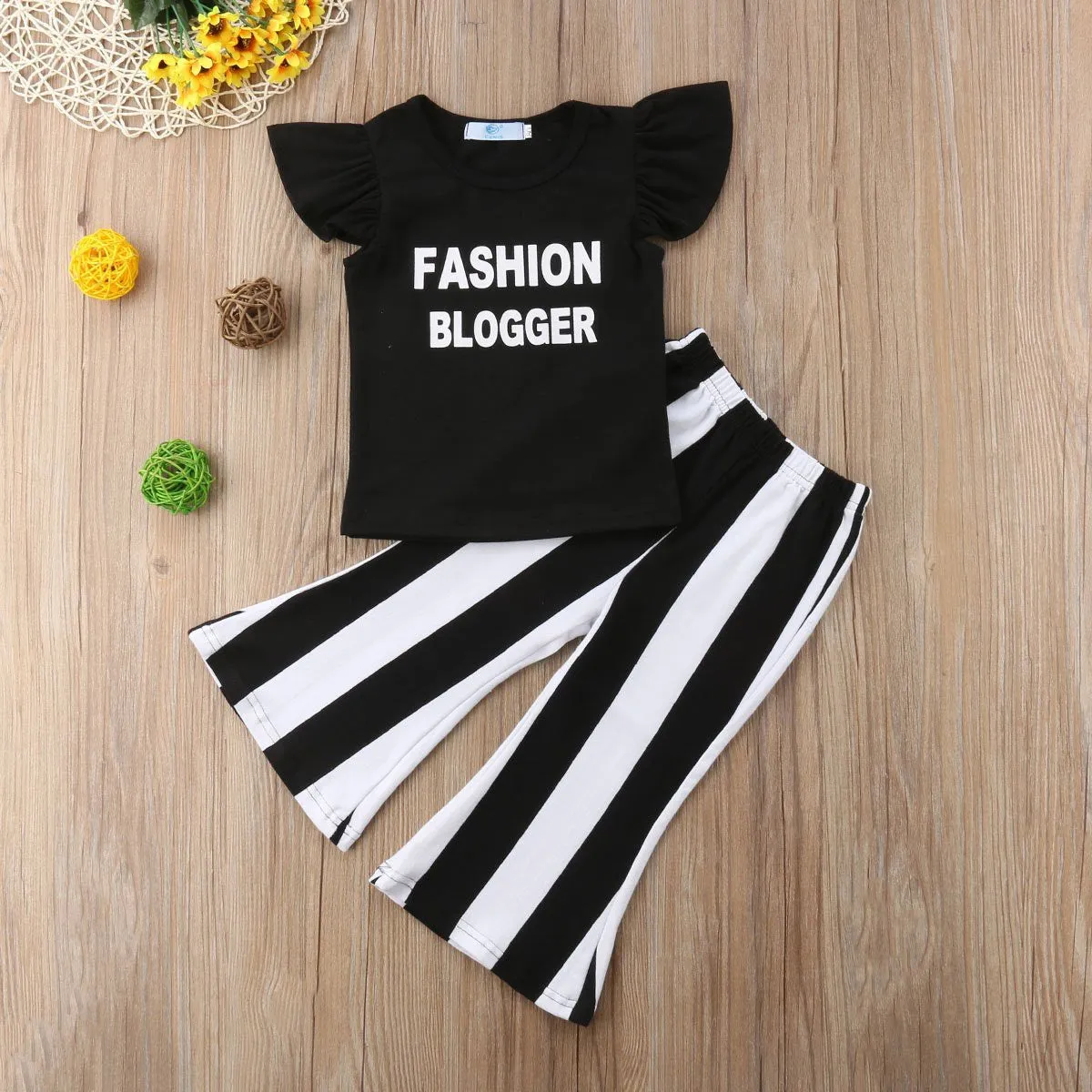 Toddler Girls Ruffle letter print pullover Shirt and striped Trousers 2pcs set