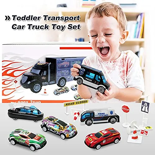 Toddler Toys for 3-4 Year Old Boys,Large Transport Cars Carrier Set Truck Toys with 12 Die-cast Vehicles Truck Toys Cars,Ideal Gift Toys for Kids Age 3-7