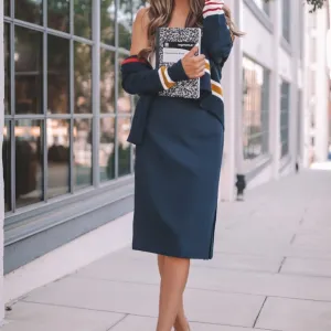 Tommy Hilfiger Pencil Skirt 2 Twill Below Knee Navy Blue Belted Classic Stretch