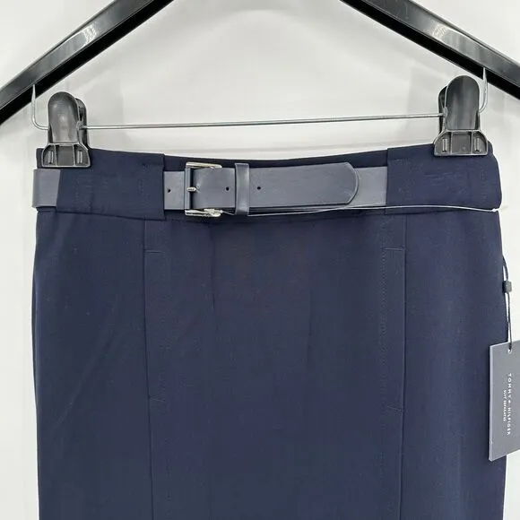 Tommy Hilfiger Pencil Skirt 2 Twill Below Knee Navy Blue Belted Classic Stretch