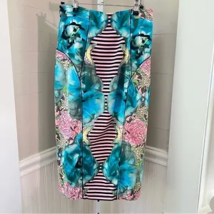 TRACY Reese Silk Blend Pencil Skirt Colorful Pink &amp; Blue Stretch Sz 8 #girlcore