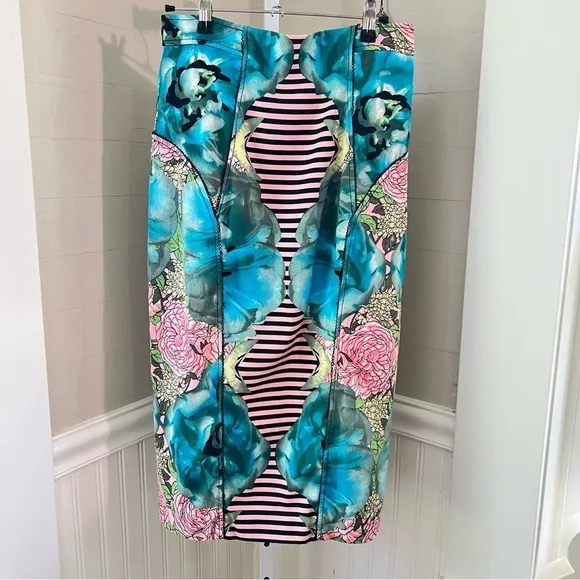 TRACY Reese Silk Blend Pencil Skirt Colorful Pink &amp; Blue Stretch Sz 8 #girlcore