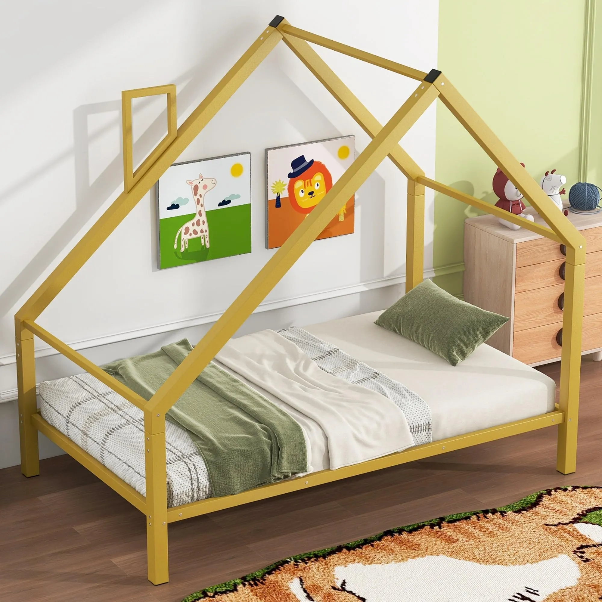 Twin Metal House Platform Bed with Roof and Chimney Frame Under-Bed