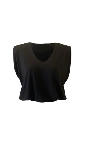 V Neck Padded Shoulder Crop Top