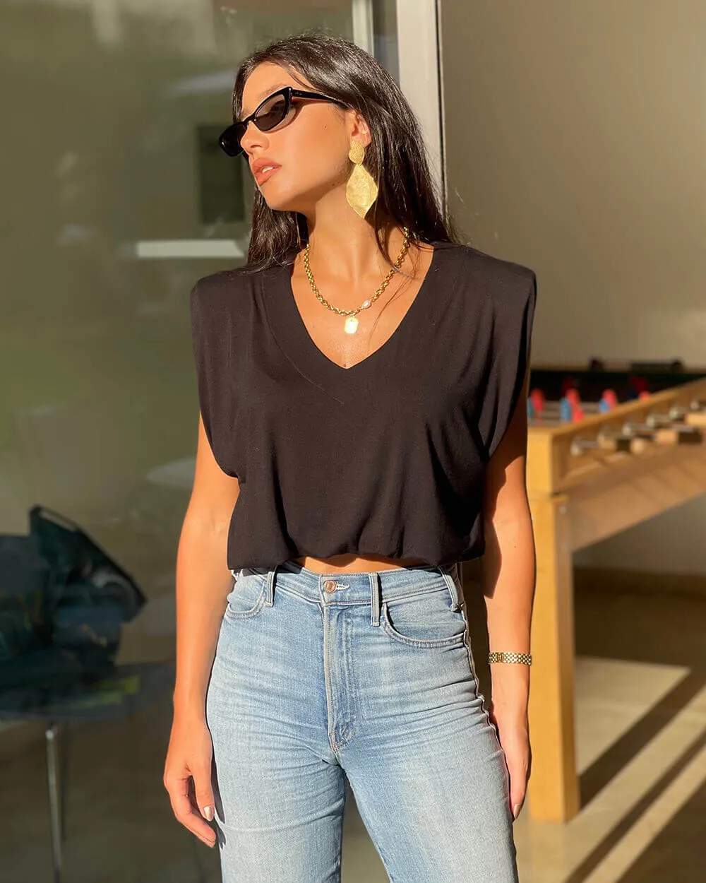 V Neck Padded Shoulder Crop Top