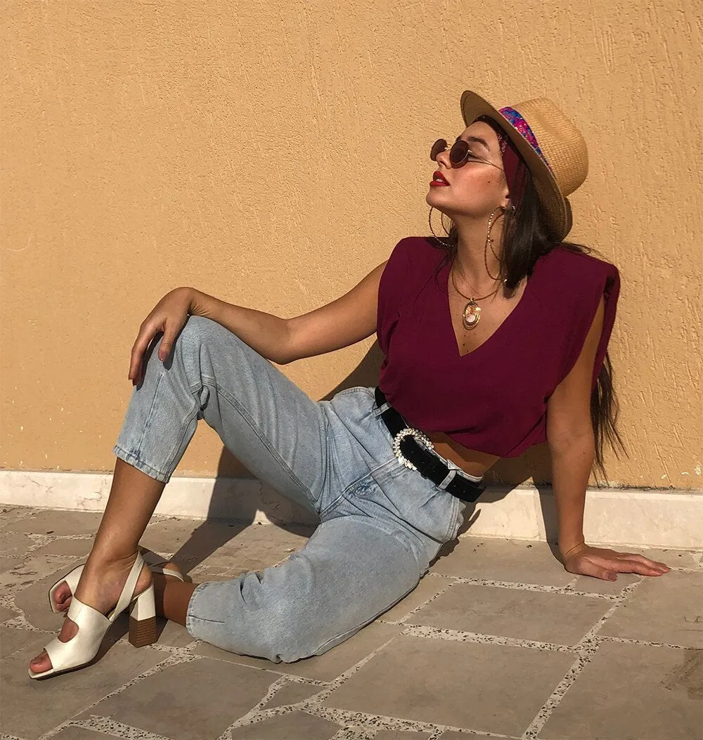 V Neck Padded Shoulder Crop Top