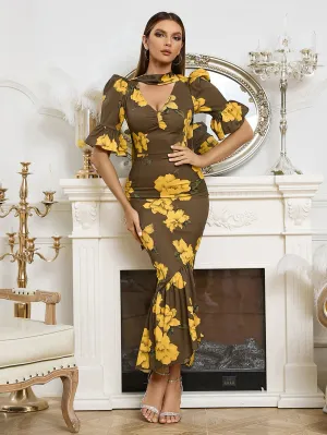 V Neck Short Sleeve Floral Maxi Bodycon Dress HB02380