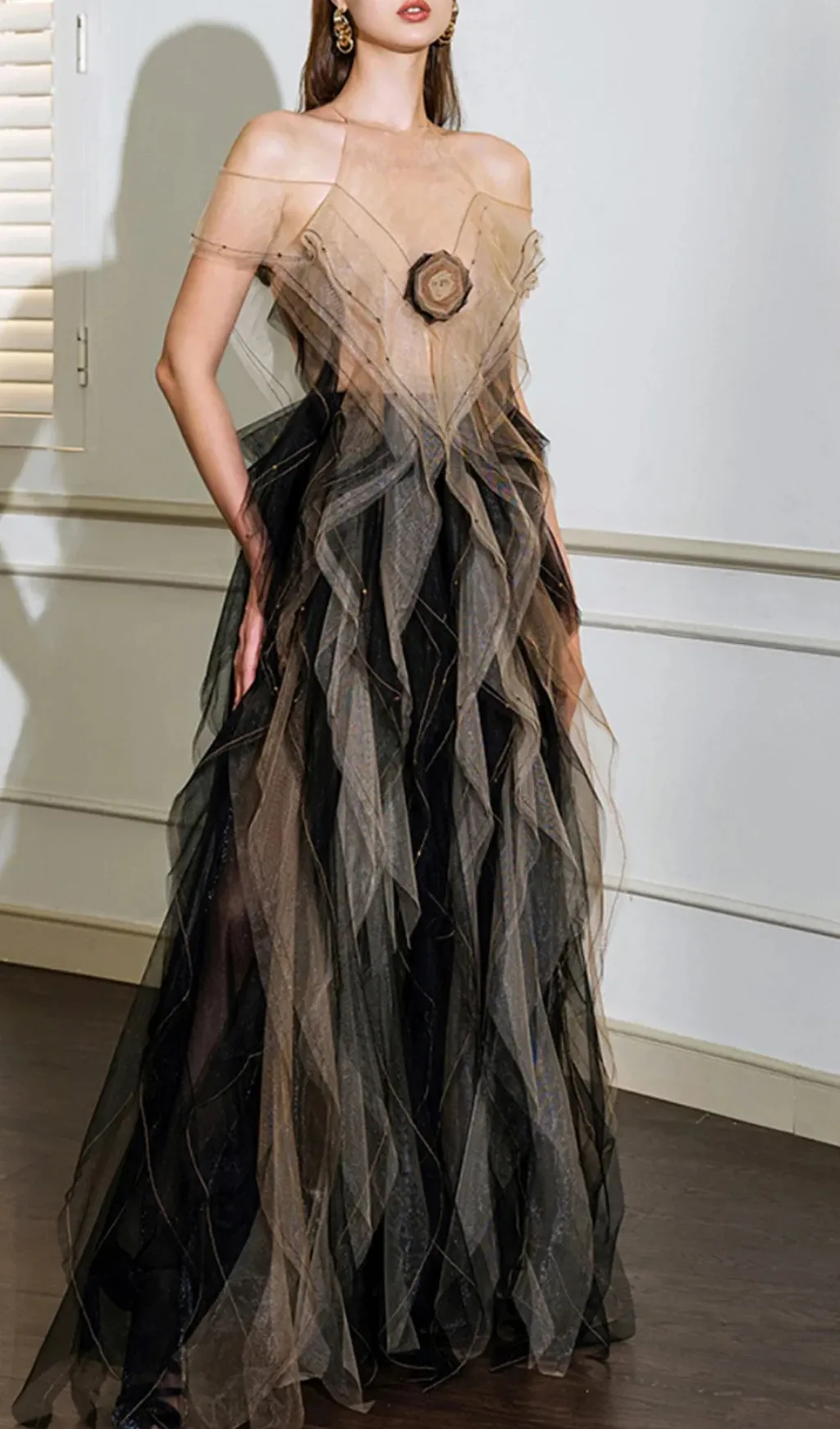 valerie floral ruffled tulle maxi dress in black