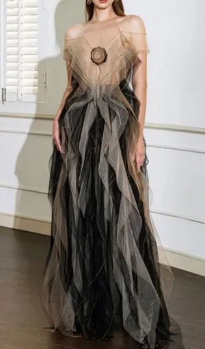 valerie floral ruffled tulle maxi dress in black