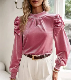Velvet Puff Sleeves Crewneck Pullover Top