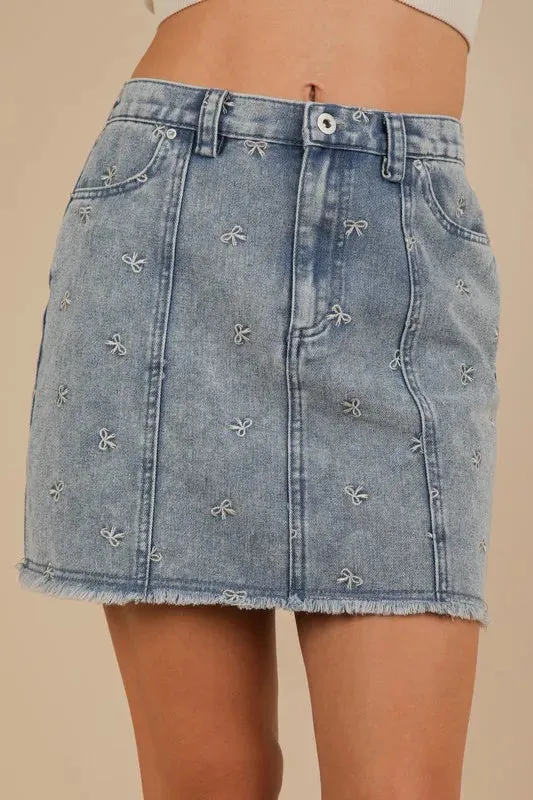 VERY J Bow Printed Casual Denim Mini Skirt S-L