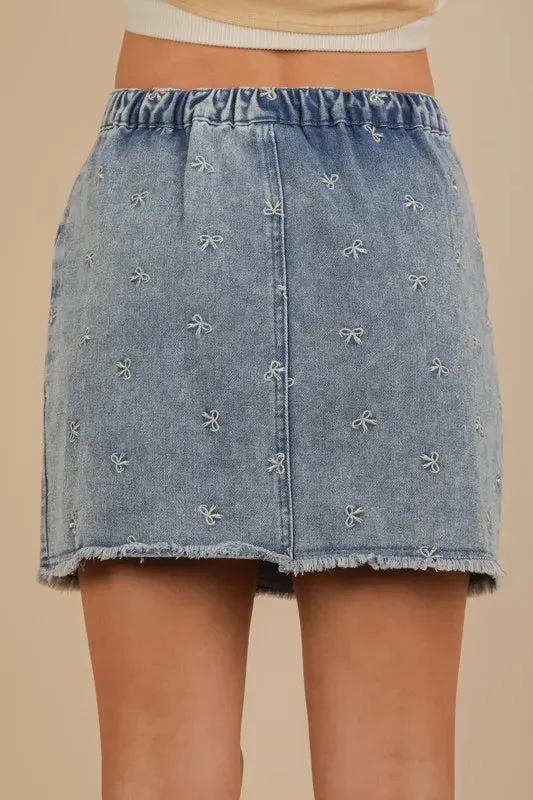 VERY J Bow Printed Casual Denim Mini Skirt S-L