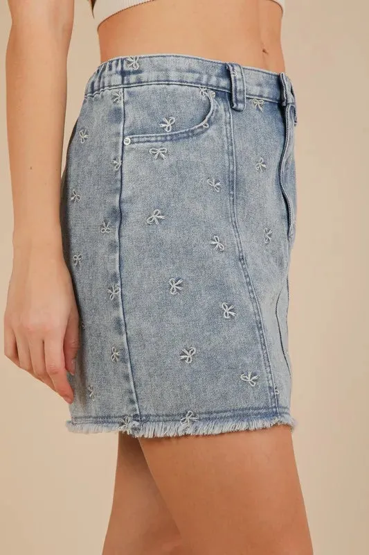VERY J Bow Printed Casual Denim Mini Skirt S-L