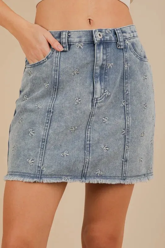 VERY J Bow Printed Casual Denim Mini Skirt S-L