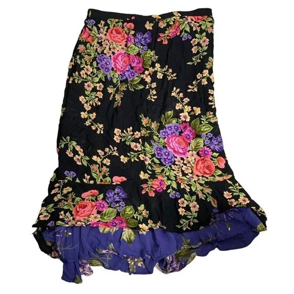 Vintage 90s Reversible Floral Maxi Skirt L Black Blue Elastic Waist Grunge Boho
