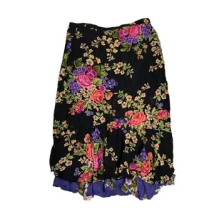 Vintage 90s Reversible Floral Maxi Skirt L Black Blue Elastic Waist Grunge Boho